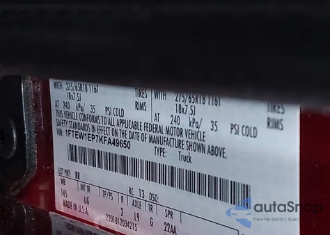 2019 Ford F150 Supercrew z USA, uszkodzony, nr VIN 1FTEW1EP7KFA49650